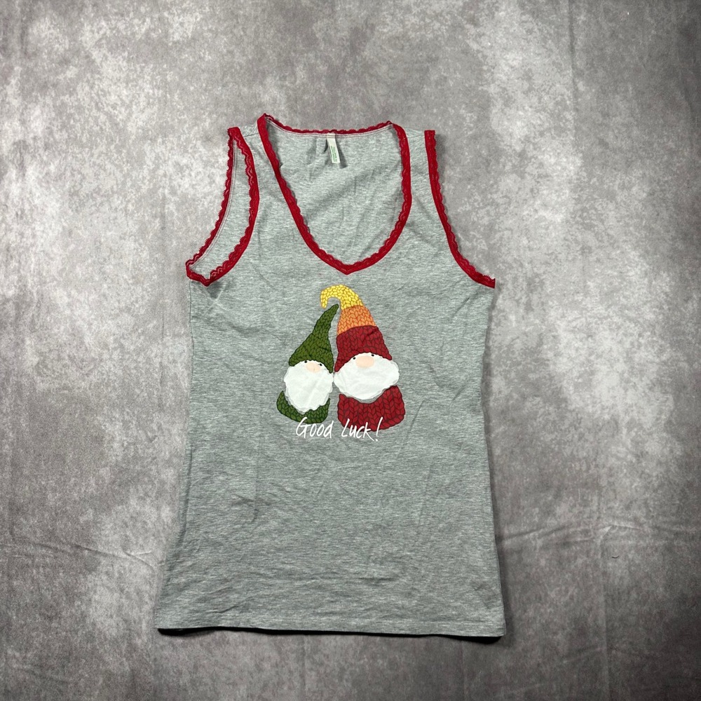 Undercolors of Benetton Gnome Cami Tank Top XXS Gray Red Lace Trim V-Neck Y2K